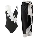 FYMNSI Damen Zweiteilig Badeanzug V-Ausschnitt Monokini Elegant Rüschen Bauchweg Rückenfrei Ruched Einteilige Bademode Swimsuit mit Strand Wrap Sarong Chiffon Wickelröcke Badekleid Schwarz + Weiß M