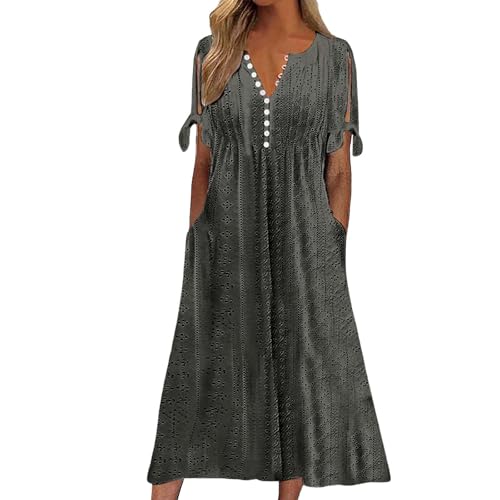 Sommerkleid Damen Elegant Blusekleid Kurzarm Rundhals Midikleid Partykleid Einfarbig Freizeitkleid Strandkleider Casual A Linie für Frauen Mädchen Boho Beach Maxi Dress Holidy Kleid