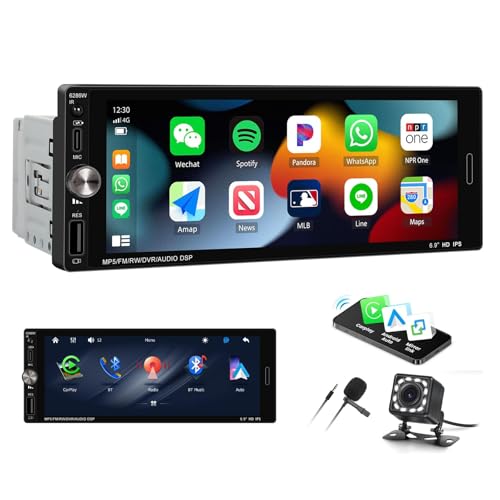 Autoradio 1 Din mit Wireless CarPlay Android Auto 7 Zoll Touchscreen Bildschirm Bluetooth Auto Stereo Unterstützt MirrorLink/FM Radio/EQ/Type-C Laden/USB/AUX/SWC+Rückfahrkamera Fernbedienung