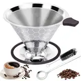 Omtofo Kaffeefilter, Pour Over Kaffeefilter aus Edelstahl, Doppelschichtiges Filterdesign, Papierloser Kaffeefilter Wiederverwendbar, mit Löffel und Reinigungsbürste Geliefert(1-4 Tassen)