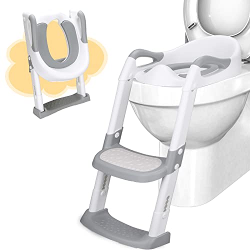 DEANIC Toilettensitz Kinder mit Treppe, Töpfchen mit Leiter &PU Gepolstert, Toilettenaufsatz für Kinder ab 1-7 jahre, Klositz für Kinder 38-47cm (Grau)