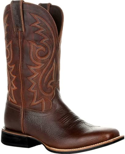 KKPW Herren Cowboystiefel, breit, klassisch, Vintage, mittlere Wade, Westernstiefel, Stickerei, spitzer Zehenbereich, Blockabsatz, Schlupfstiefel, lange Stiefel (Größe: 48EU, Farbe: Braun)