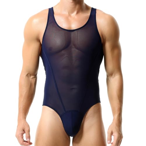 FYMNSI Body Herren Sexy Bodysuit Durchsichtig Stringbody �rmellos M�nnerbody Unterw�sche Muskel Shirt High Cut Wrestling Unterhemd Einteiler Sissy Dessous Nachtw�sche Reizw�sche Dunkelblau XXL