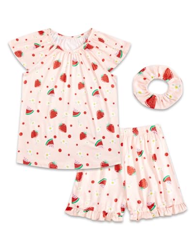 JiAmy Pyjamas Mädchen Sommer Pyjama Kinder 3 Stück Schlafanzug Mädchen Set Kurze Ärmel Gedruckt Kinder Casual Loungewear Set Sleepwear Girls 140,Rosa