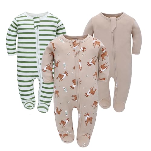 LAT LEE AND TOWN Neugeborenes Baby Jungen Mädchen Strampler mit Fuß Baby Schlafanzug Einteilige Lange Ärmel Overall Säuglings Frühling Herbst Body, 3er-Pack (3-6M, Hirsch)