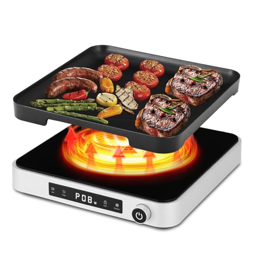 Cooktron Induktionskochplatte mit Grillplatte -Portable Induktionskochfeld 1 Brenner mit abnehmbarem Eisen Guss Grillpfanne Antihaft, 2000W, Touchsteuerung & Drehknopf für Camping/Küche/Outdoor