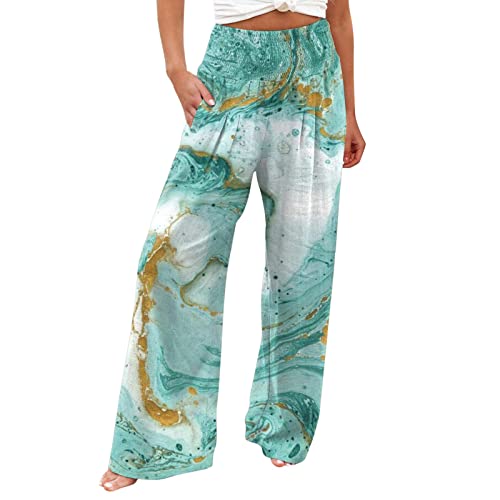 Atmungsaktiv Hosen Elastisch Weites Bein Jogginghose Freizeithose Damen Baumwolle Lässige Strandhose Mit Druck Hose Gummizug Palazzo Sommerhose High Waist Elegant Lässig Outdoorhose (Green, S)