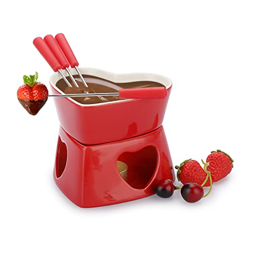 TOLIDA Keramik-Schokofondue-Set Herzförmiger Schokoladenschmelztopf Käsefonduetopf aus Porzellan mit 4 Gabeln 320ML Mini Hitzebeständigbrenner Teelichtfondue für Süßigkeiten Butter Käse