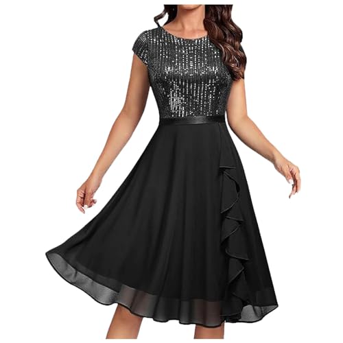 Generisch 2025 - Kurzärmliges Damen-Brautkleid für die Hochzeit, mittellanges formelles Abendkleid Spitze, Chiffon Abendkleider Elegant Für Hochzeit Mollig (Black, L)