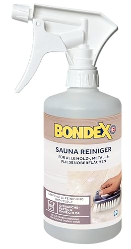 Bondex Sauna Reiniger Farblos 0,5 L für 50 m² | Entfernt Kalkflecken, Schweißränder, Schmutz und Verunreinigungen | Chlorfrei | Saunareiniger | Holzreiniger