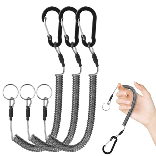 ElevateTech Spiral Schlüsselanhänger 3 Stück Spiralkabel Schlüsselkette Mit Karabiner Elastisch Sicherungsband Sicherungsseil Outdoors Spiralkabel für Angeln Bootfahren Camping Outdoor (schwarz)