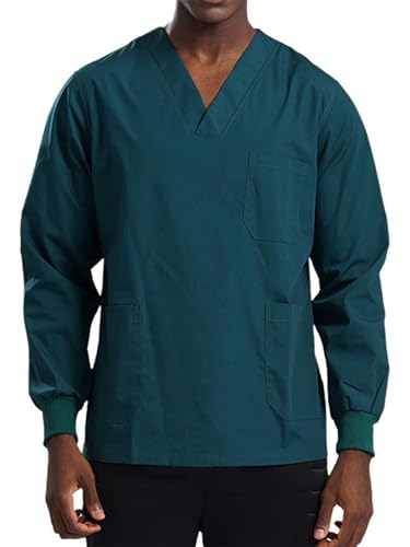 Aislor Herren Langarm Kasack Multi-Taschen Scrub Top Medizinische Uniform Schlupfkasack Frühling Herbst Arbeitskleidung Berufsbekleidung Grün XXL