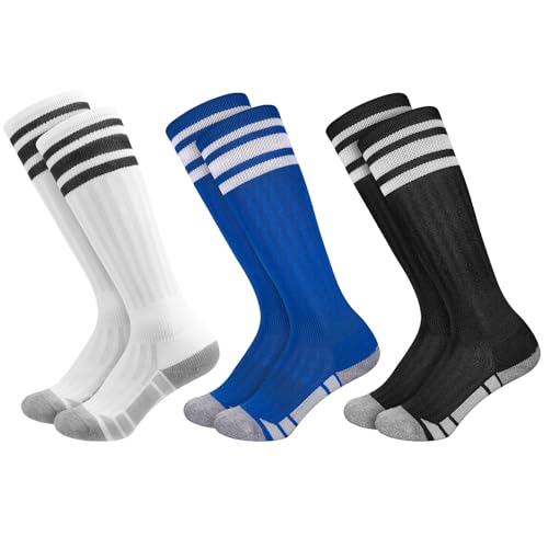 Utensilsto 3 Paar Kinder Fußball Stutzen Fußballsocken 28-32 Fußball Fussball Socken Sportsocken Trainingssocken für Jungen Mädchen - Schwarz, Weiß, Blau