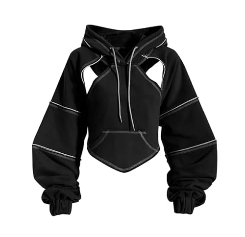 OUBOSI Hip Hop Hoodies Frauen Pullover Frühling Herbst Ausschnitt Rückenfreie Bandage Kurze Kapuze Sweatshirt Trainingsanzug,schwarz,M