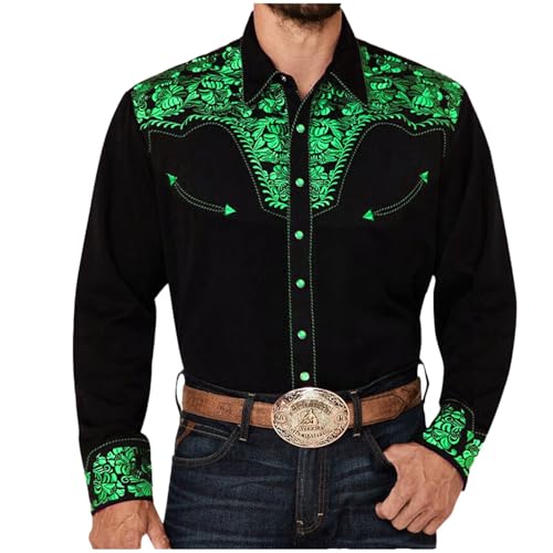 Mymyguoe Herren Western Cowboy Besticktes Hemd Schlank Langarmhemd Western Hemd Cowboy Shirts Hochzeit Party Hemd Vintage Westernhemd Retro Hemd Revers Hemd Cowboy Druck Traditionelles Hemd