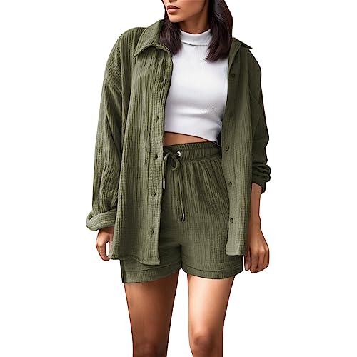 Generisch Zweiteiler Damen Musselin Bluse Damen Hemd Und Shorts Elegant Sommer Lounge Set Strand Outfit Suit Aesthetic 2 Teiler Clothes Kleidung Kurz Hosenanzug Casual Two Piece Sommerbluse