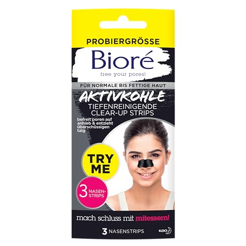 Biore Oil Control Tiefenreinigende Nasen-Clear-Up-Strips - Lieferumfang: 3 Nasenstreifen - Mitesserentferner - Mit Aktivkohle - Verfeinern das Hautbild sichtbar - Try Me Pack