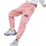 XINYUNZU Cargo Hose Mädchen Baumwolle Jogginghose mit Taschen Elastische Taille Cargohose Kinder Sweatpants Casual Outdoor Hosen für 8-16 Jahre Alt Teenager Mädchen Cargohosen Angebote Rosa 9 Jahre