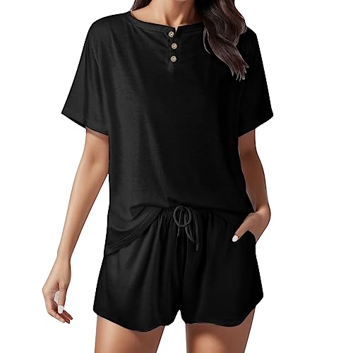 Zweiteilige Outfits für Damen, passende Sets, Oberteil mit Knopfleiste Shorts, Trainingsanzüge mit Taschen Business Hosenanzug Damen Set Hausanzug Damen Sommer Hausanzug Damen Elegant (Black, M)