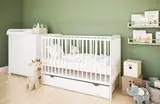 ZEEBRA - Babybett Wickelkommode, Kinderbett 2w1 Bett Grześ - Dreistufige Einstellung für Nicht Sitzendes, Sitzendes und Stehendes Kind - mit Schublade - Set mit Wickeltisch Classic, Weiß