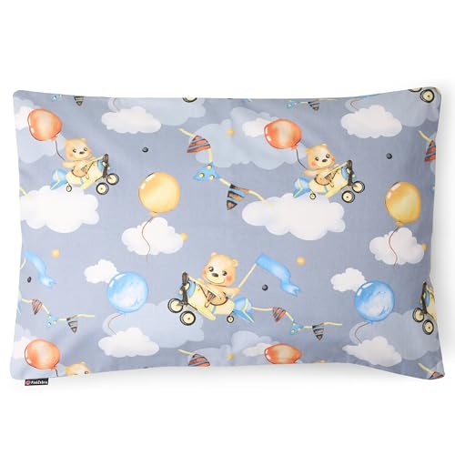 PinkZebra Kopfkissenbezug Kinder, Kissenbezug 35 x 40 cm aus 100% Baumwolle, Kissenhülle Jungen, Öko-tex Standard 100, Kinderbezüge mit Reißverschluss, Bär Pilot