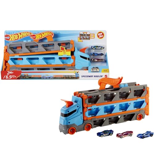 Hot Wheels - 2:1 Autorennbahn zu Transporter, inkl. 3 Spielzeugautos, mit Doppelstarter, Auslösefunktion und Weiche, Platz für 20 Autos, Spielzeug ab 4 Jahre, HGH33