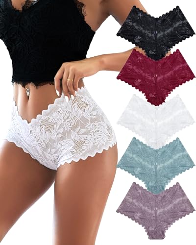 ALL OF ME 5er Pack Damen Unterwäsche Spitzen Boxershorts Unterhosen Frauen Brazilian Sexy Panties Hipster Weiche Spitze Dessous for Women Mehrpack S-XL