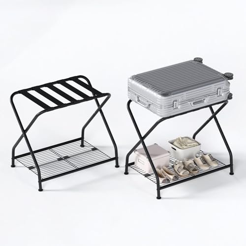 2 Stück Kofferständer Klappbar mit Regal - Metall Kofferablage Gepäckablage 64 x 44 x 55 cm, Platzsparend Kofferbock für Schlafzimmer Gästezimmer Hotel (Schwarz)
