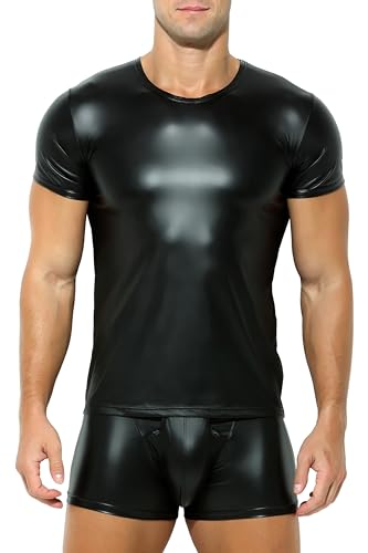 Herren Latex T-Shirt schwarz Leder Optik Männer Shirt Unterhemd Kurzarm Unterwäsche Stretch Hemd Tops Clubwear Guywear Gogo Swingerclub Freizeithemd Sommer Muskel Top Lack-Leder Vinyl Oberteil (XL)