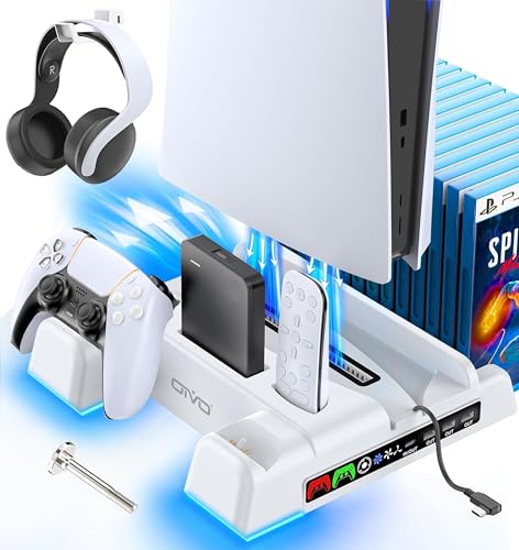 PS5/PS5 Slim/PS5 Pro Ständer mit 3 stufig Lüfter und Licht, PS5 Standfuß mit 4 USB Ports/Controller Ladestation/Headset Halter/Remote Steckplatz/14 Spiele Aufbewahrung für PS5 Zubehör