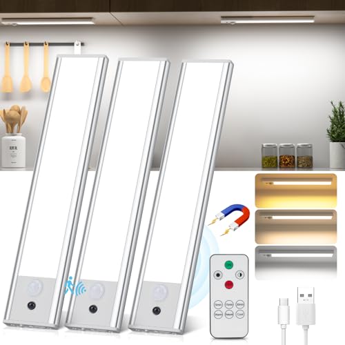 Schrankbeleuchtung 3 Stück, Unterbauleuchte Küche LED mit Fernsteuerung, 3 Farbtemperaturen Led Lampe und Dimmbar Bewegungsmelder Licht für Treppenbeleuchtung/Vitrine/Flur/Küche/Kleiderschrank