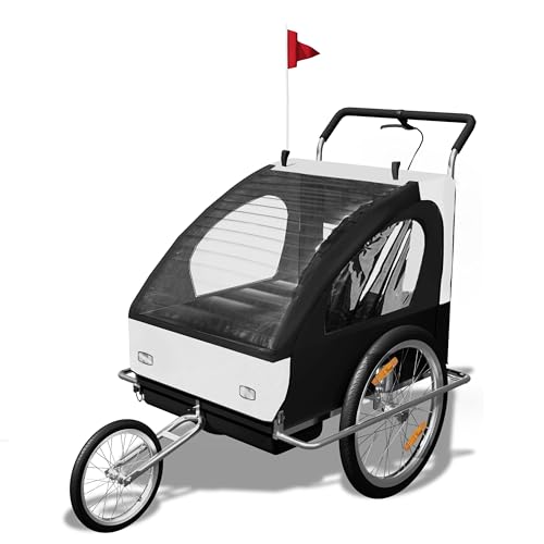 SAMAX Fahrradanhänger Jogger 2in1 Kinderanhänger Kinderfahrradanhänger Transportwagen vollgefederte Hinterachse für 2 Kinder in Weiß/Schwarz - Silver Frame