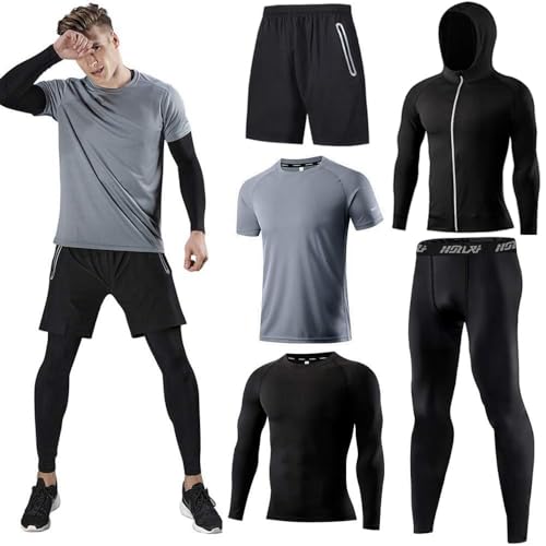 Herren Sport Laufset (5er Pack) Athletisches Shirt+Short/Kompression Shirt+Hose mit Mantel Trainingsanzug Gym Anzüge Grau 04 L
