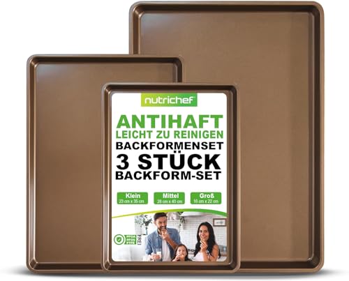 NutriChef Backblech, 3- Teilig- Backbleche, Ofenbleche für Backofen, Backofenblech- 35x23cm,40x28cm & 56x40cm, Ofenblech, Baking Trays- Stappelbar, Karbonstahl, Antihaftbeschichtet & Spülmaschinenfest