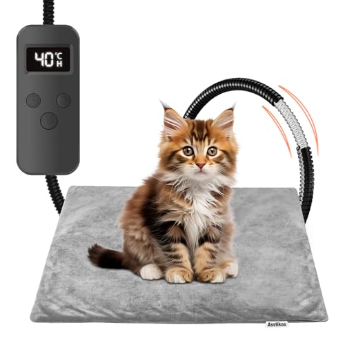 Asstikoo Haustier Heizkissen für Katzen Hunde, einstellbare Hund Heizkissen mit 12 Stufen Timer und 30-55℃ Temperatur, Haustier Heizdecke Electric Pet Heizmatte (M - 45 * 45cm)