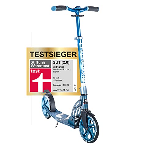 SIX DEGREES Aluminium Scooter mit Klappmechanismus u. Ständer, 205 mm, höhenverstellbar, GS-geprüft, blau, TESTSIEGER