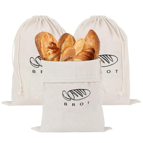 3 Stück Brotbeutel Leinen, Brotbeutel Aufbewahrung Frischhalten Wiederverwendbare Brot Aufbewahren, Beste Aufbewahrung Für Brot mit Kordelzug für Frisch Gebackenes, Selbstgebackenes Brot (40 x 30cm)