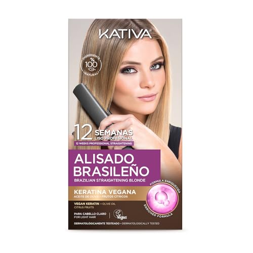 Kativa Brasilianisches Haarglättungsset für gefärbtes oder strächtiges blondes Haar, neue Formel mit veganem Keratin, professionelle Haarglättung zu Hause, bis zu 12 Wochen lang, einfach anzuwenden