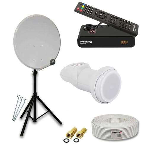 PremiumX Mobile Camping Satelliten-Komplettanlage 60cm Antenne SAT Single LNB Dreibein-Stativ TV Kabel Satelliten-Receiver