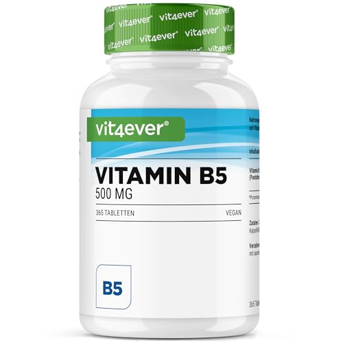 Vitamin B5 (Pantothensäure) - 500 mg - 365 Tabletten - 1 Jahr Vorrat - Hochdosiert - Ohne unerwünschte Zusätze- Vegan