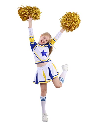 LOLANTA Mädchen Karneval Kostüm, Cheerleader Uniform Outfit + Poms + Socken Kleidung Kleid, Gelb, Etikettengröße: 160