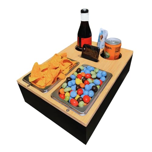 Couch Bar Snack Box| Stilvoller multifunktionaler Butler| Hochwertiges Bambus| Ideal für Wohnzimmer/Sofa/Bett/Heim Kino| Organizer mit 2 Snackschalen, 2 Getränkehalter, Slot für Handy/Fernbedienung