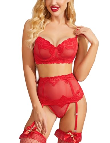 Avidlove Damen Dessous Set Unterwäsche Sexy Strapsen Lingerie BH und G-String Reizwäsche Spitze Dessous mit Strapse, Rot, XXL