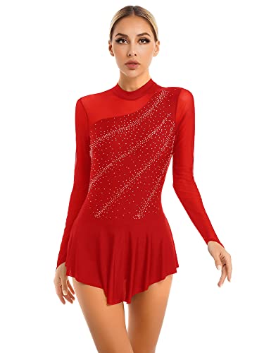 iEFiEL Damen Langarm Ballettkleid Eiskunstlauf Kleid mit Glitzer Kristallen Ballettkleidung Gymnastik Leotard Turnanzug Tanzkostüm Za Rot M