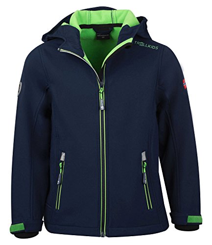 Trollkids Kinder Softshell Jacke Trollfjord, Marineblau/Hellgrün, Größe 128