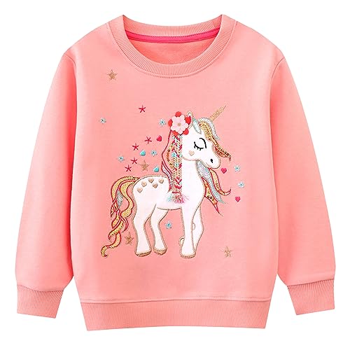 FILOWA Sweatshirt Mädchen Kinder Einhorn Blumen Pullover Sport Sweatshirt Rosa Süß Langarm Warm Baumwolle Top Casual Herbst Pullover Jumper 4-5 Jahre,Gr.104-110