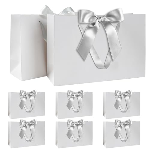 KISPATTI Geschenktüten Set, Weiß Geschenktüten mit Schleife Geschenktüten mit Henkel Weiß Geschenktüten mit Silber Schleife 8 Stück 30x20x10cm Geschenktüten für Weihnachten Geburtstag Hochzeit