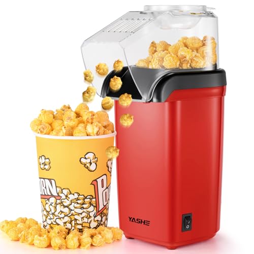 YASHE Popcornmaschine, 1200 W Heißluft Popcorn Maker, Elektrische Popcorn Maschinen, One-Touch-Bedienung, 2 Minuten, Gesund ohne Fett & Öl, Rot