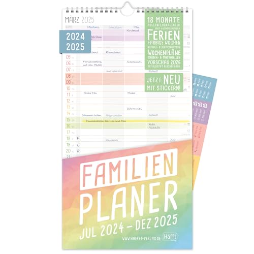 Häfft® Familienplaner 2024/2025 5 Spalten "Rainbow" Wandkalender für 18 Monate: Jul 24 bis Dez 25, Familienkalender Wandplaner - klimafreundlich & nachhaltig