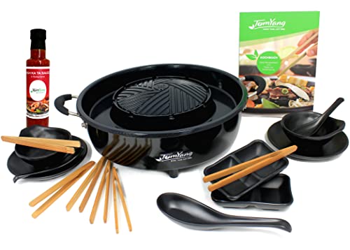 TomYang Hot Pot Professional – mit Kochbuch, 10teiligem Geschirr-Set & Thai BBQ Sauce. Schweizer Antihaftbeschichtung. Der Original Korean Grill, Mookata Topf